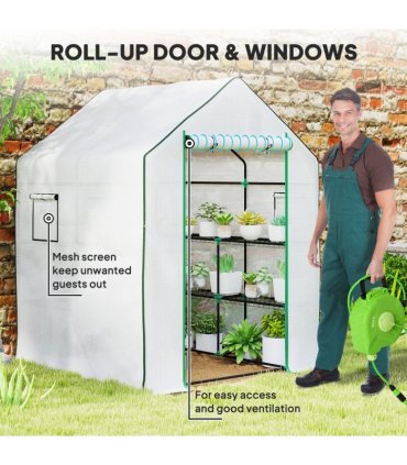 Outsunny Walk-in Greenhouse with 8 Shelves, Outdoor Small Greenhouse, White