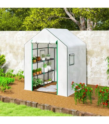 Outsunny Walk-in Greenhouse with 8 Shelves, Outdoor Small Greenhouse, White