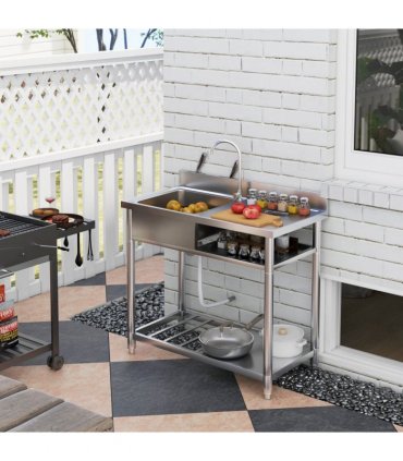 HOMCOM Outdoor Kitchen Sink Unit with Cold and Hot Water Pipe