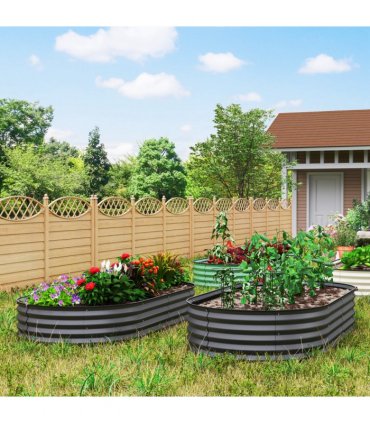 Outsunny Set of 2 Raised Beds for Garden with Metal Plant Stakes, Dark Grey