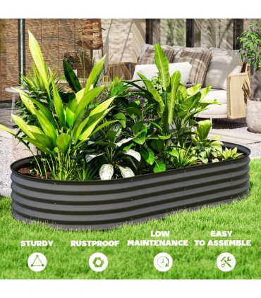 Outsunny Set of 2 Raised Beds for Garden with Metal Plant Stakes, Dark Grey