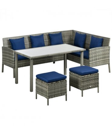 Outsunny 5Pcs Rattan Dining Corner Sofa Set, Garden Furniture Set, Dark Blue
