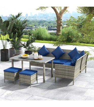 Outsunny 5Pcs Rattan Dining Corner Sofa Set, Garden Furniture Set, Dark Blue