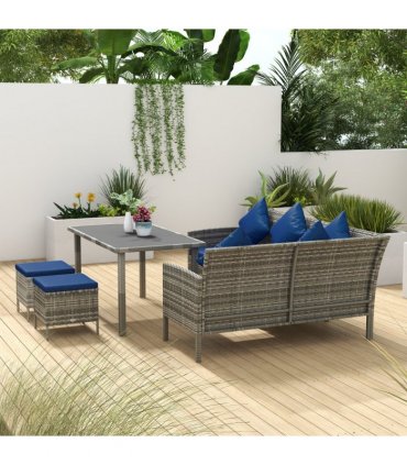 Outsunny 5Pcs Rattan Dining Corner Sofa Set, Garden Furniture Set, Dark Blue