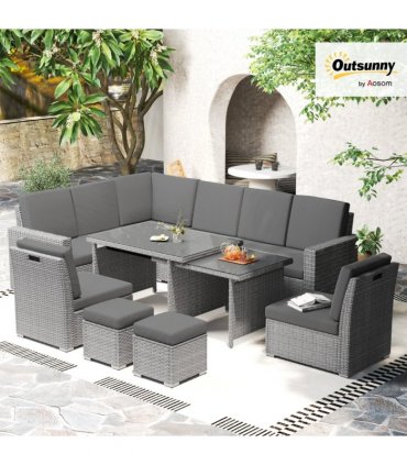 Outsunny 10-Seater Sofa Sectional w/ Cushioned Seat, Footstools and Glass Table
