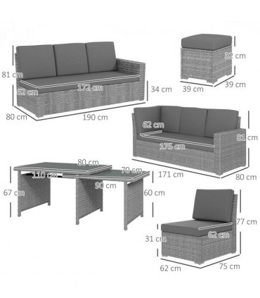 Outsunny 10-Seater Sofa Sectional w/ Cushioned Seat, Footstools and Glass Table