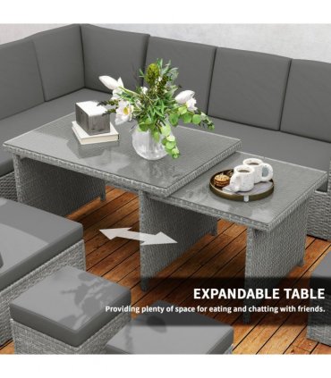Outsunny 10-Seater Sofa Sectional w/ Cushioned Seat, Footstools and Glass Table