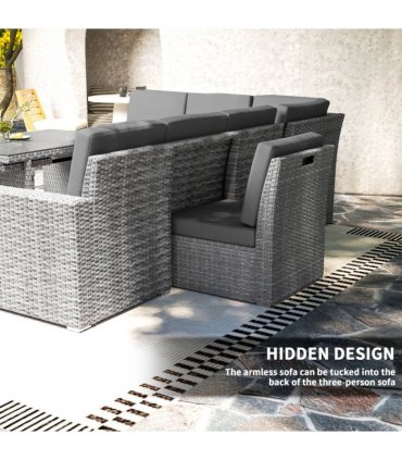 Outsunny 10-Seater Sofa Sectional w/ Cushioned Seat, Footstools and Glass Table
