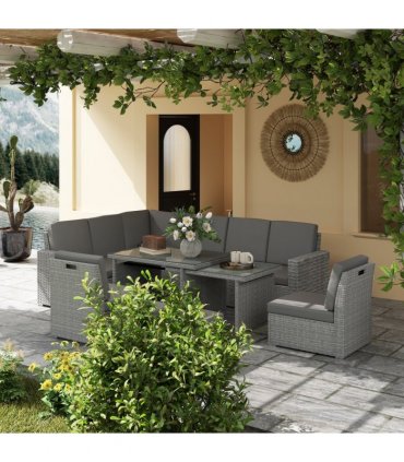 Outsunny 10-Seater Sofa Sectional w/ Cushioned Seat, Footstools and Glass Table