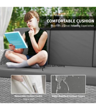Outsunny 10-Seater Sofa Sectional w/ Cushioned Seat, Footstools and Glass Table