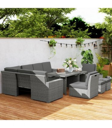 Outsunny 10-Seater Sofa Sectional w/ Cushioned Seat, Footstools and Glass Table