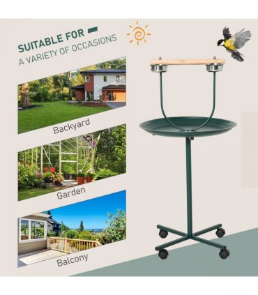 PawHut Bird Perch Stand, T-Stand Bird Training with Perch, Wheels, Bowls, Green