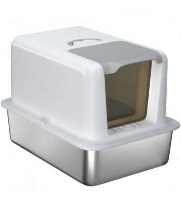 PawHut Stainless Steel Cat Litter Box with Removable Lid & Scoop, White
