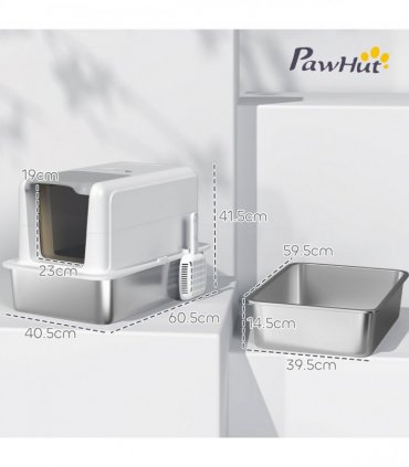 PawHut Stainless Steel Cat Litter Box with Removable Lid & Scoop, White