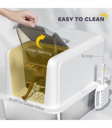 PawHut Stainless Steel Cat Litter Box with Removable Lid & Scoop, White