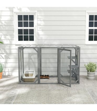 PawHut 71"Wooden Cat House with 3 Platforms, Large Door for Multiple Cats