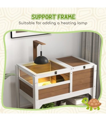 PawHut Wooden Tortoise House w/ Run, Shelter, Shelf, Lamp Holder - Brown