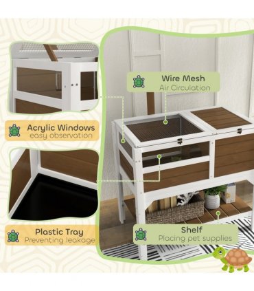 PawHut Wooden Tortoise House w/ Run, Shelter, Shelf, Lamp Holder - Brown