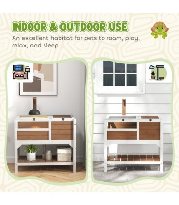 PawHut Wooden Tortoise House w/ Run, Shelter, Shelf, Lamp Holder - Brown