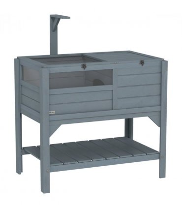 PawHut Wooden Tortoise House w/ Run, Shelter, Shelf, Lamp Holder, Grey