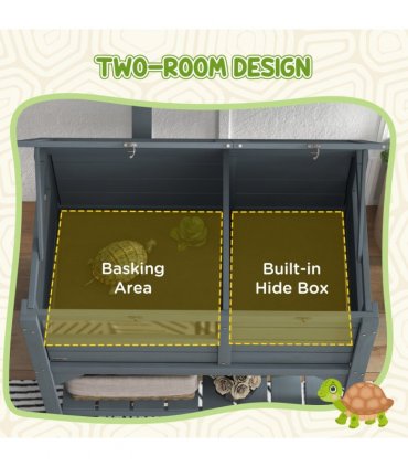 PawHut Wooden Tortoise House w/ Run, Shelter, Shelf, Lamp Holder, Grey