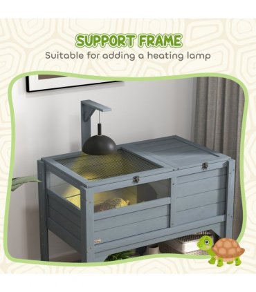 PawHut Wooden Tortoise House w/ Run, Shelter, Shelf, Lamp Holder, Grey