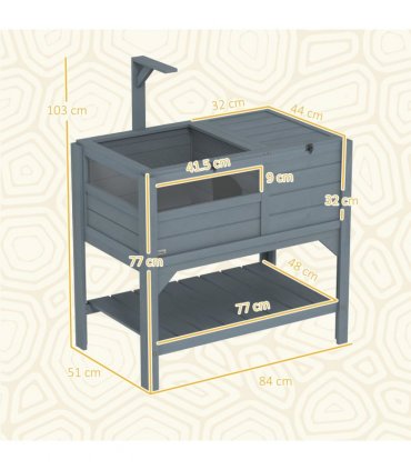 PawHut Wooden Tortoise House w/ Run, Shelter, Shelf, Lamp Holder, Grey