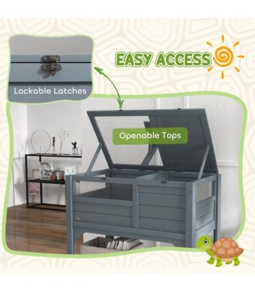 PawHut Wooden Tortoise House w/ Run, Shelter, Shelf, Lamp Holder, Grey