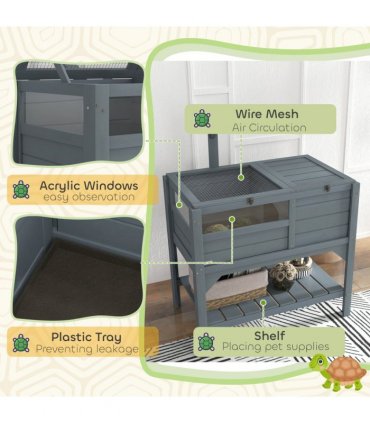 PawHut Wooden Tortoise House w/ Run, Shelter, Shelf, Lamp Holder, Grey