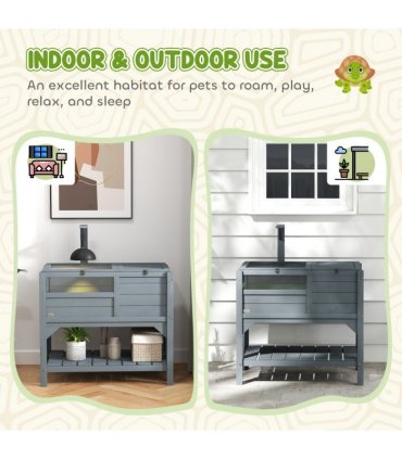 PawHut Wooden Tortoise House w/ Run, Shelter, Shelf, Lamp Holder, Grey