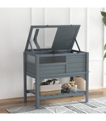 PawHut Wooden Tortoise House w/ Run, Shelter, Shelf, Lamp Holder, Grey