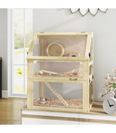 PawHut Wooden Hamster Cage w/ Detachable Bottom, Hut, Seesaw, 60 x 40 x 75cm