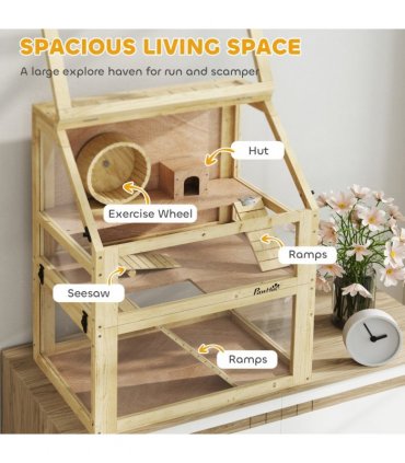 PawHut Wooden Hamster Cage w/ Detachable Bottom, Hut, Seesaw, 60 x 40 x 75cm