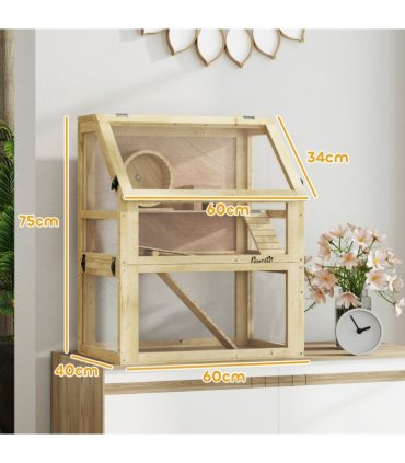PawHut Wooden Hamster Cage w/ Detachable Bottom, Hut, Seesaw, 60 x 40 x 75cm