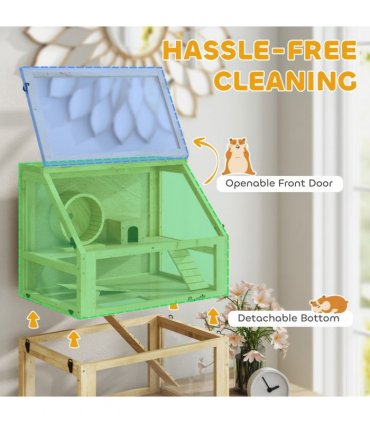 PawHut Wooden Hamster Cage w/ Detachable Bottom, Hut, Seesaw, 60 x 40 x 75cm