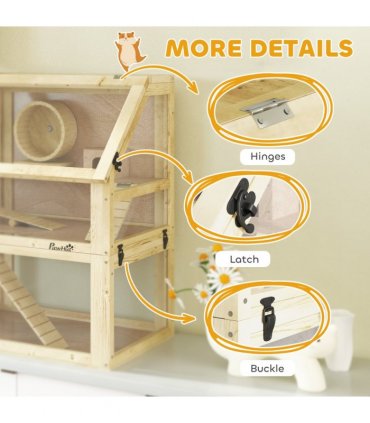 PawHut Wooden Hamster Cage w/ Detachable Bottom, Hut, Seesaw, 60 x 40 x 75cm