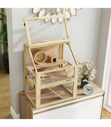 PawHut Wooden Hamster Cage w/ Detachable Bottom, Hut, Seesaw, 60 x 40 x 75cm
