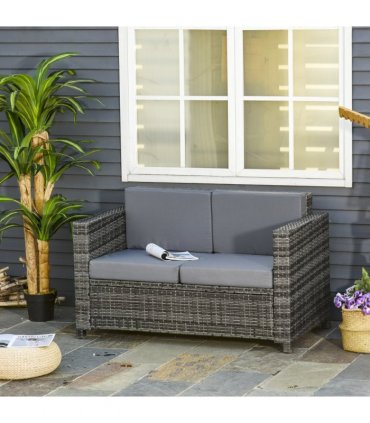 Outsunny Rattan Wicker 2-seat Sofa Loveseat Padded Garden Furniture Grey