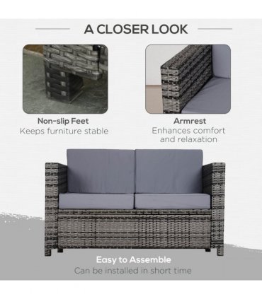 Outsunny Rattan Wicker 2-seat Sofa Loveseat Padded Garden Furniture Grey