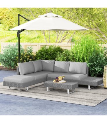 Outsunny 3pc Rattan Wicker Sofa Set with Tea Table & Cushions, Light Grey