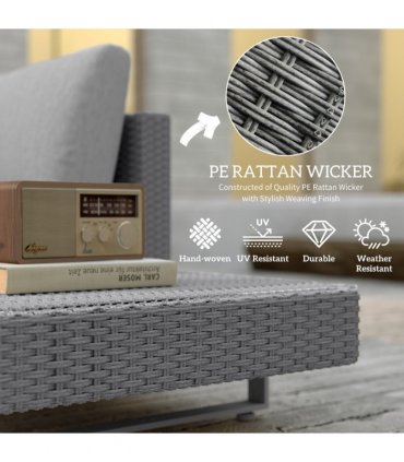 Outsunny 3pc Rattan Wicker Sofa Set with Tea Table & Cushions, Light Grey