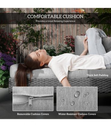 Outsunny 3pc Rattan Wicker Sofa Set with Tea Table & Cushions, Light Grey