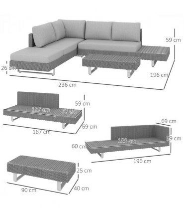 Outsunny 3pc Rattan Wicker Sofa Set with Tea Table & Cushions, Light Grey