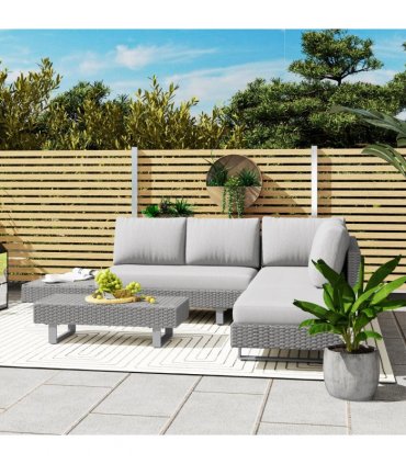 Outsunny 3pc Rattan Wicker Sofa Set with Tea Table & Cushions, Light Grey