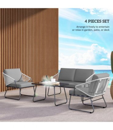 Outsunny 4 Piece Rattan Garden Furniture Set with Cushions, Grey