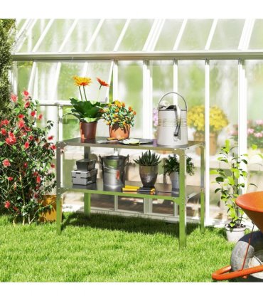 Outsunny 2 Tier Potting Bench Table, Galvanised Work Bench, Silver Tone