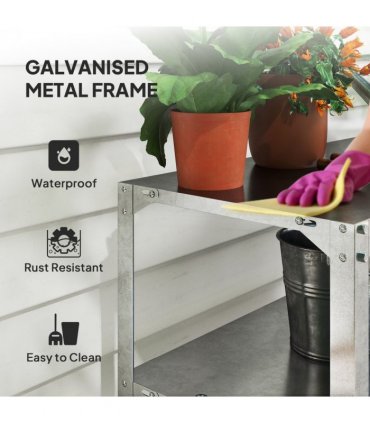 Outsunny 2 Tier Potting Bench Table, Galvanised Work Bench, Silver Tone