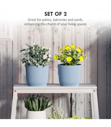 Outsunny Set of 2 Round Plant Pots Outdoor 22cm for Garden Decoration, Blue