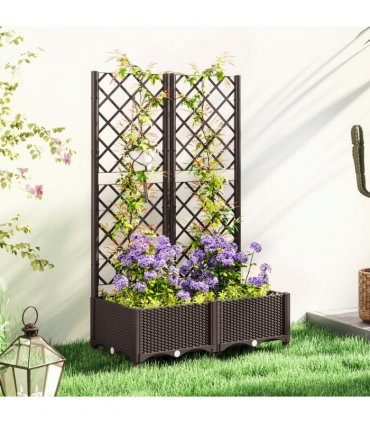 Outsunny Plastic Planter Box with Trellis, Vegetable Planter w/ Drain Plugs
