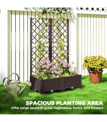 Outsunny Plastic Planter Box with Trellis, Vegetable Planter w/ Drain Plugs